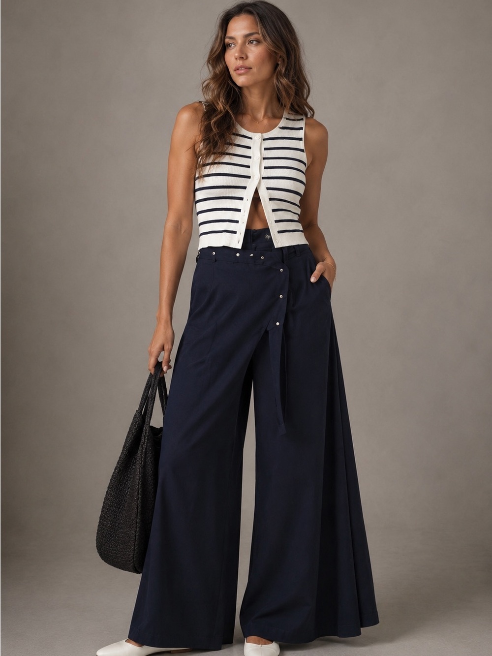 ANTHROPOLOGIE Linen Belted Wide Leg Pants Navy Size 16 NEW